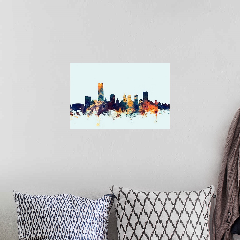 A bohemian room featuring Dark watercolor silhouette of the Oklahoma city skyline against a light blue background.