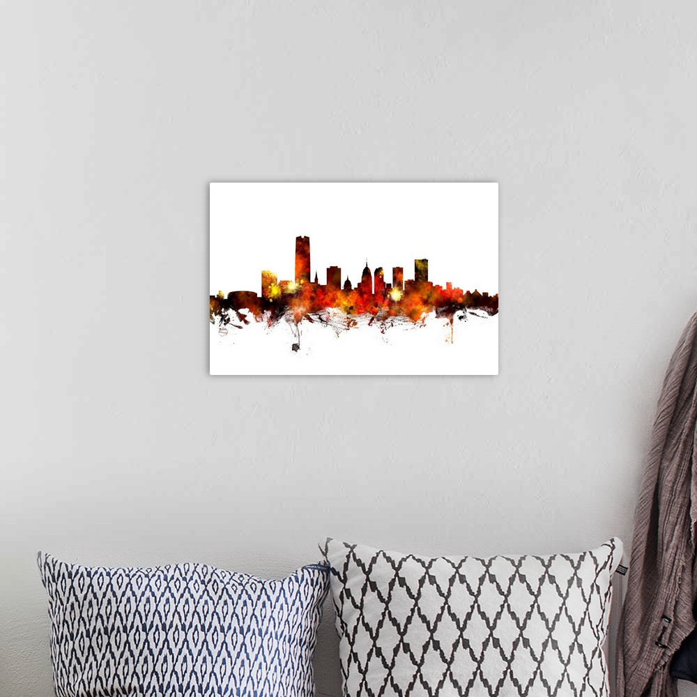 A bohemian room featuring Watercolor art print of the skyline of Oklahoma City, United States