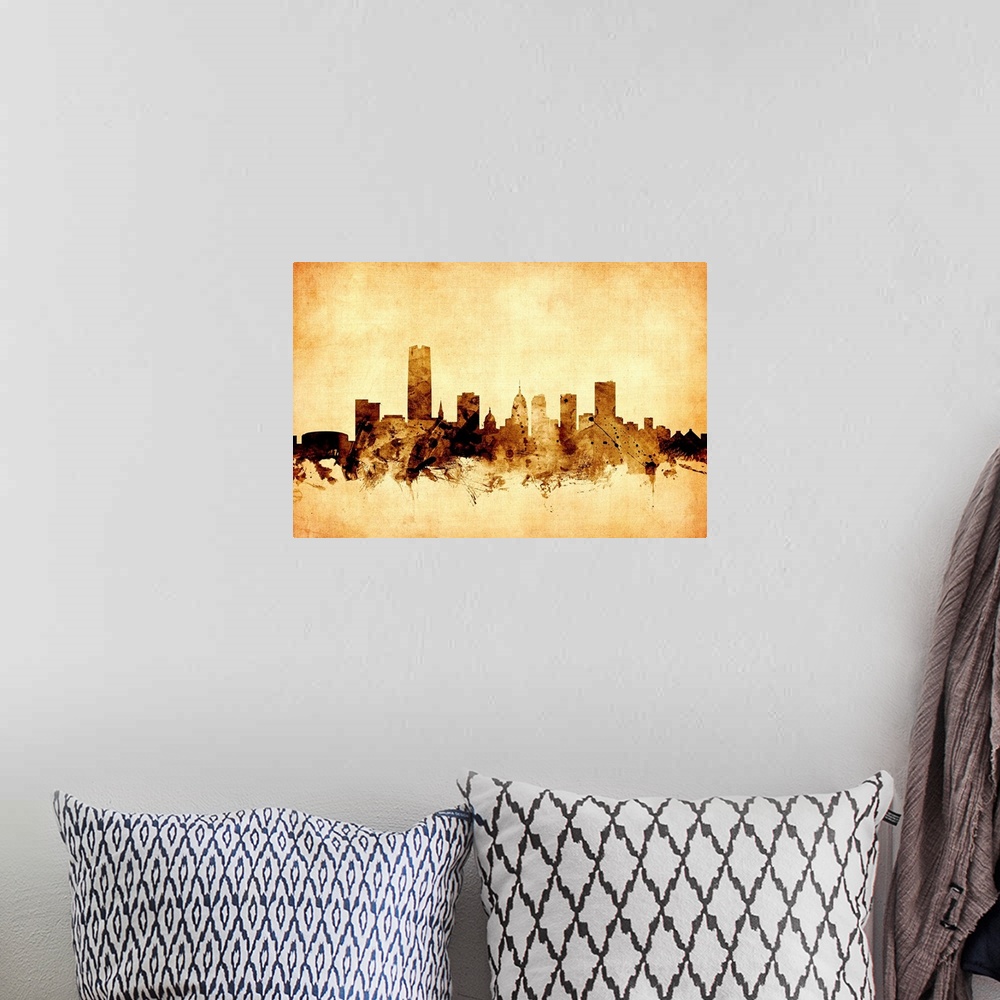 A bohemian room featuring Watercolor art print of the skyline of Oklahoma City, United States.