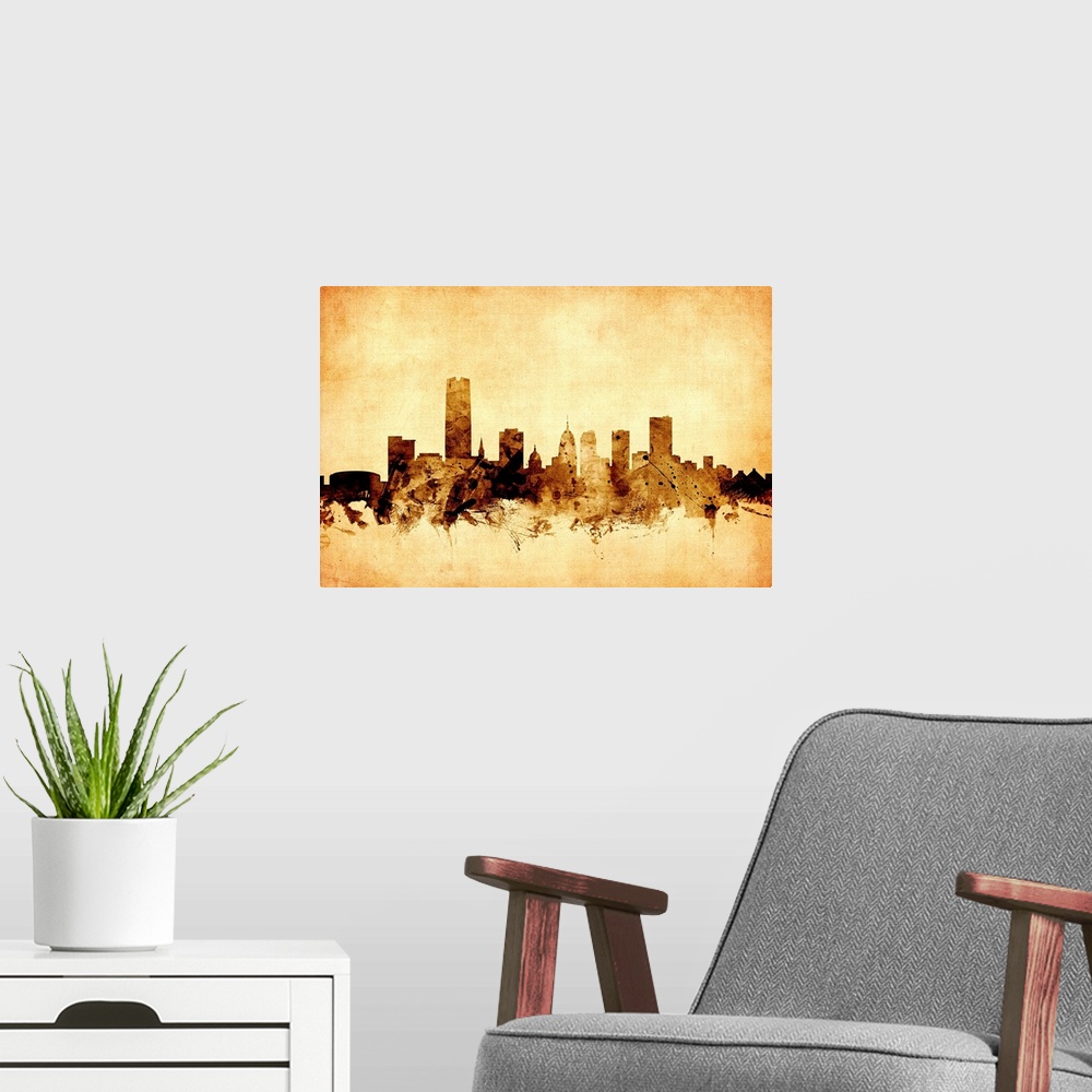 A modern room featuring Watercolor art print of the skyline of Oklahoma City, United States.