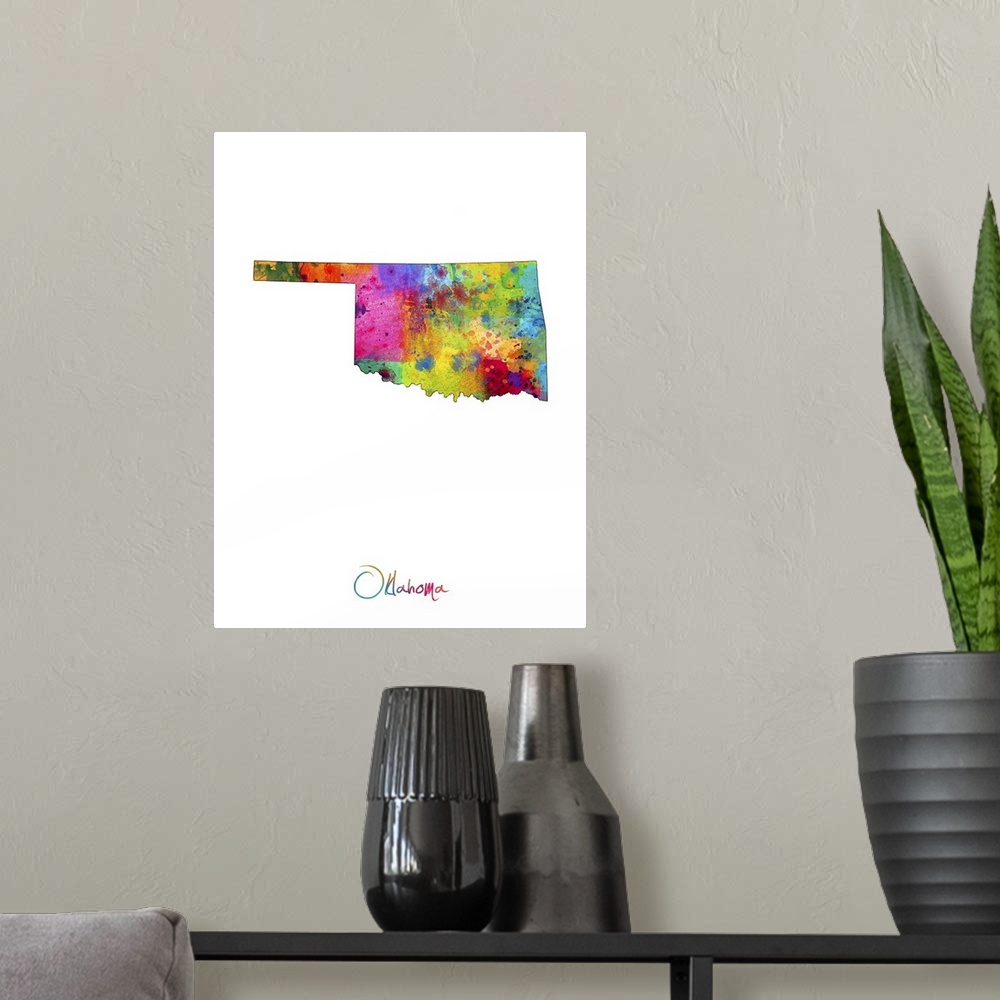 A modern room featuring Contemporary artwork of a map of Oklahoma made of colorful paint splashes.