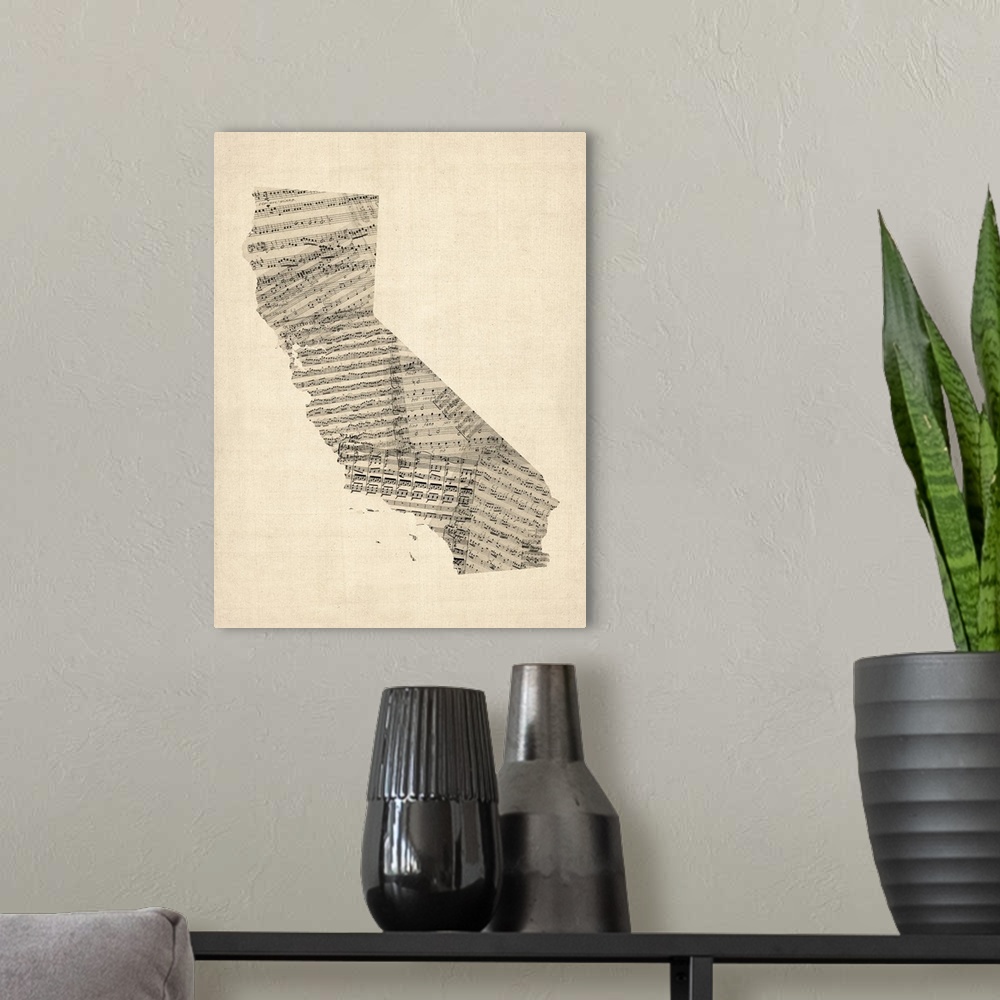 A modern room featuring Old Sheet Music Map of California