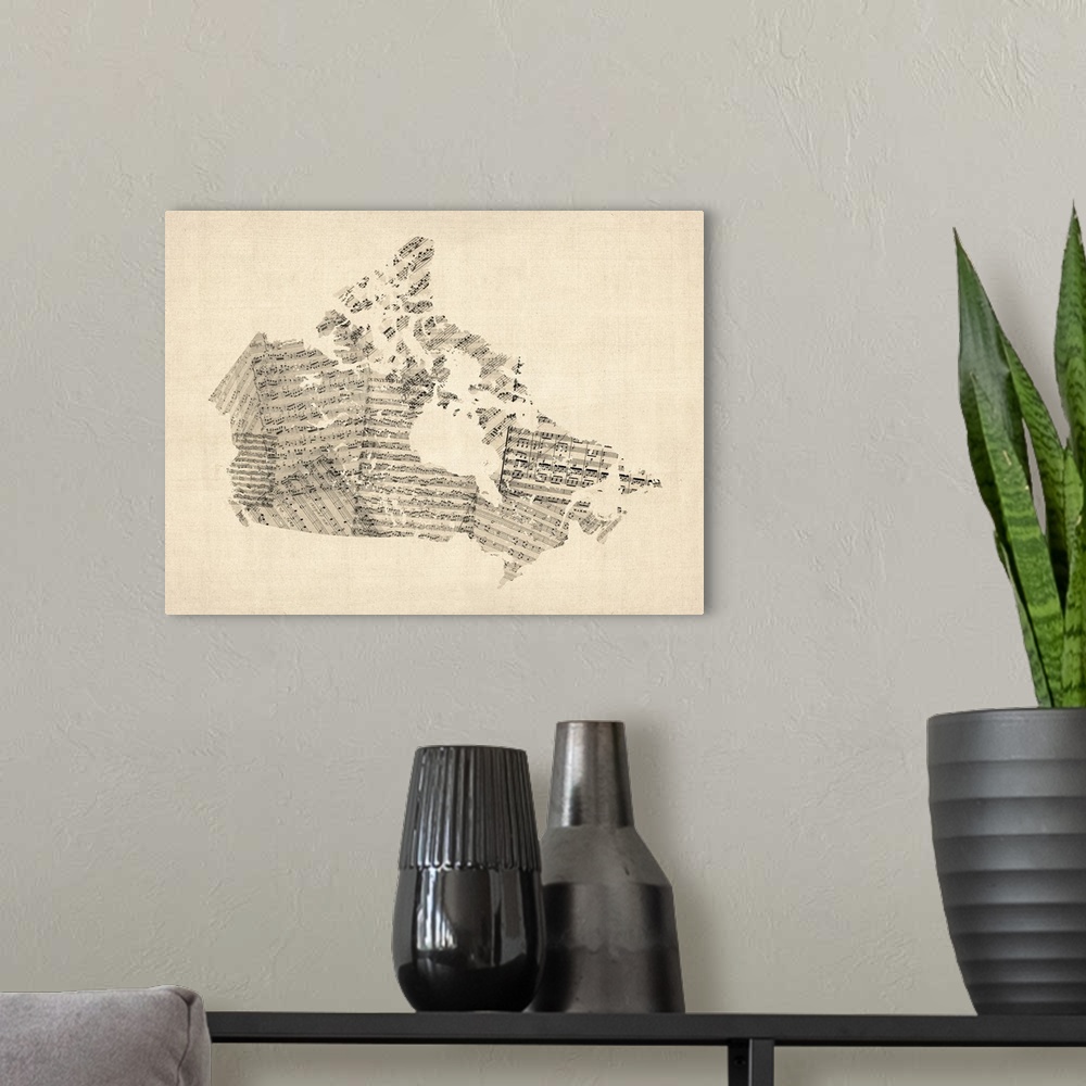 A modern room featuring Contemporary artwork of a country map made of old sheet music.