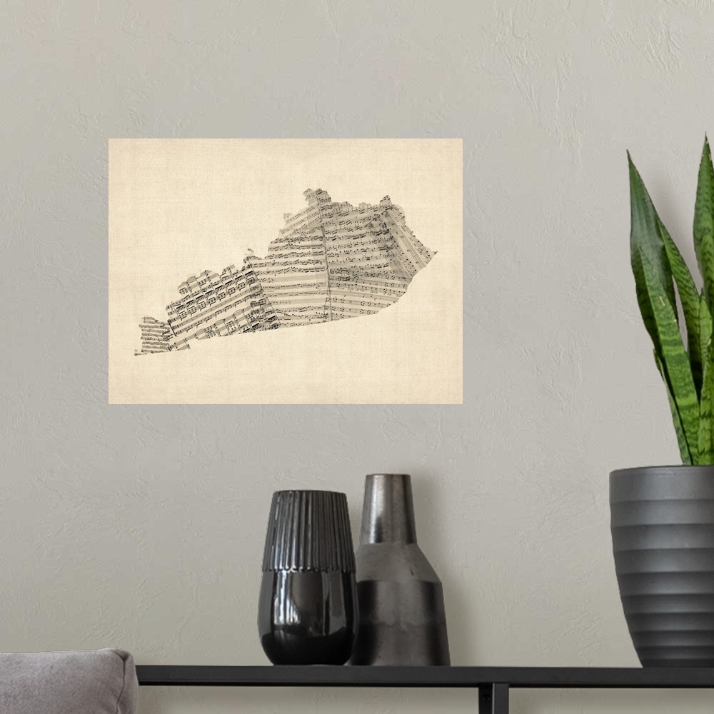 A modern room featuring Artistic map of the state Kentucky made from distressed sheet music.