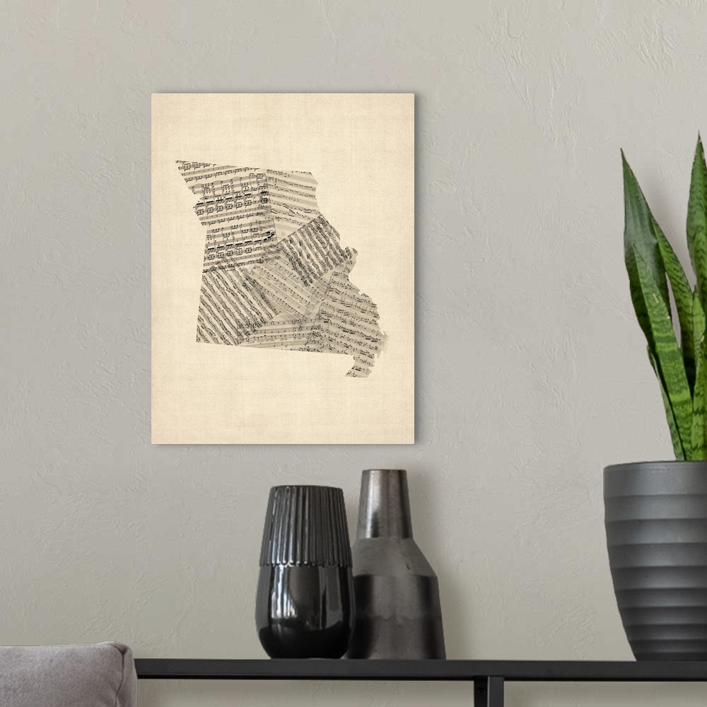 A modern room featuring A map of the Missouri, made from a collage of old and vintage sheet music on an antique style bac...
