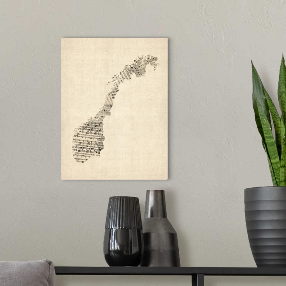 A modern room featuring A map of Norway made from a collage of old and vintage sheet music on an antique style background.