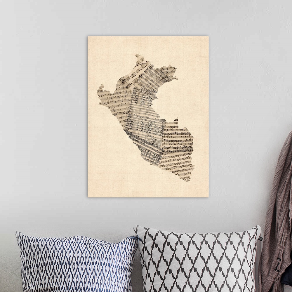 A bohemian room featuring Contemporary artwork of a map of the country Peru made from old sheet music