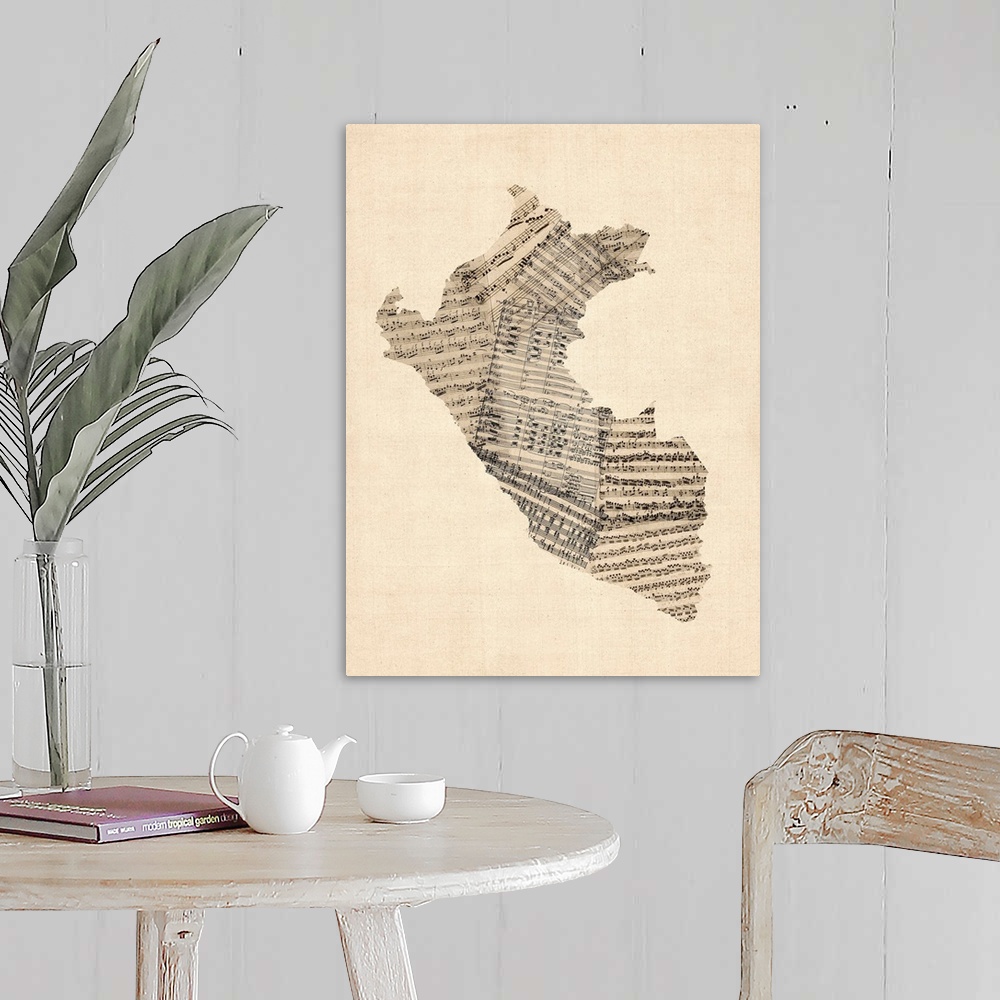 A farmhouse room featuring Contemporary artwork of a map of the country Peru made from old sheet music