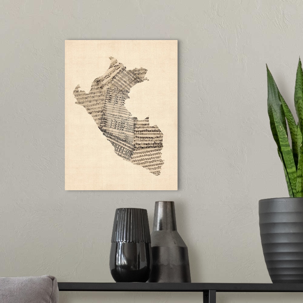 A modern room featuring Contemporary artwork of a map of the country Peru made from old sheet music