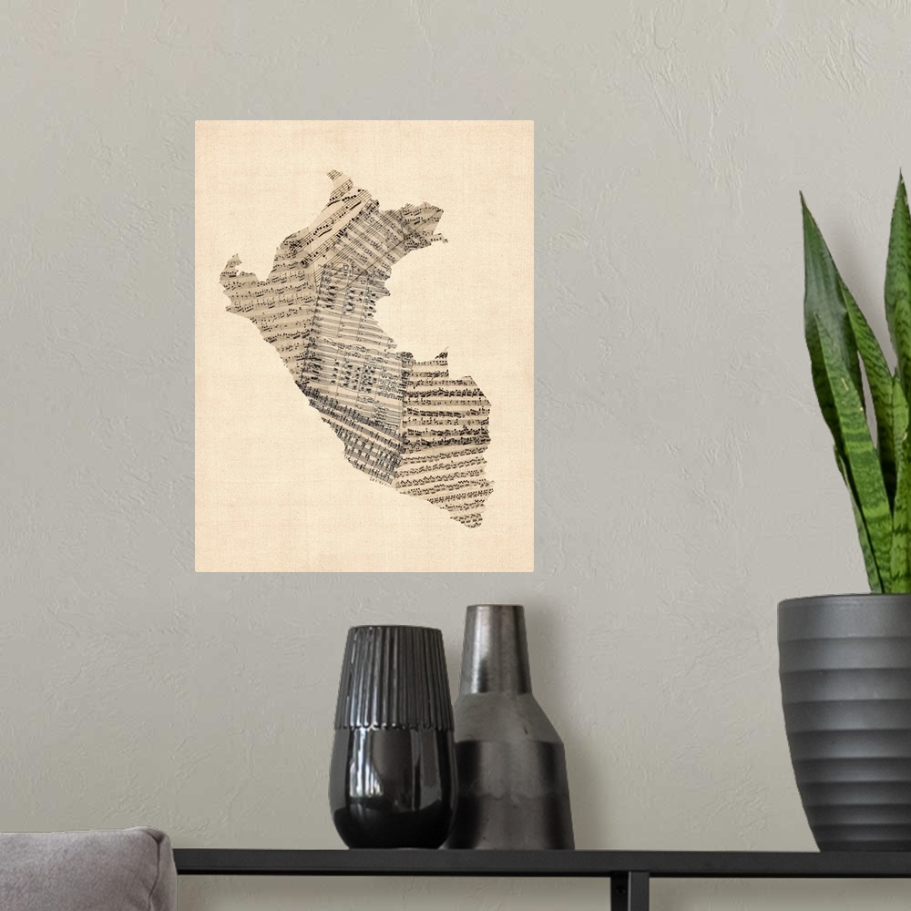 A modern room featuring Contemporary artwork of a map of the country Peru made from old sheet music
