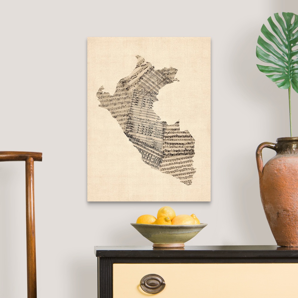 A traditional room featuring Contemporary artwork of a map of the country Peru made from old sheet music