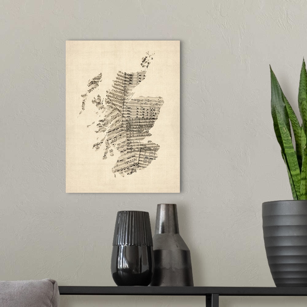 A modern room featuring A map of Scotland made from a collage of old and vintage sheet music on an antique style background.