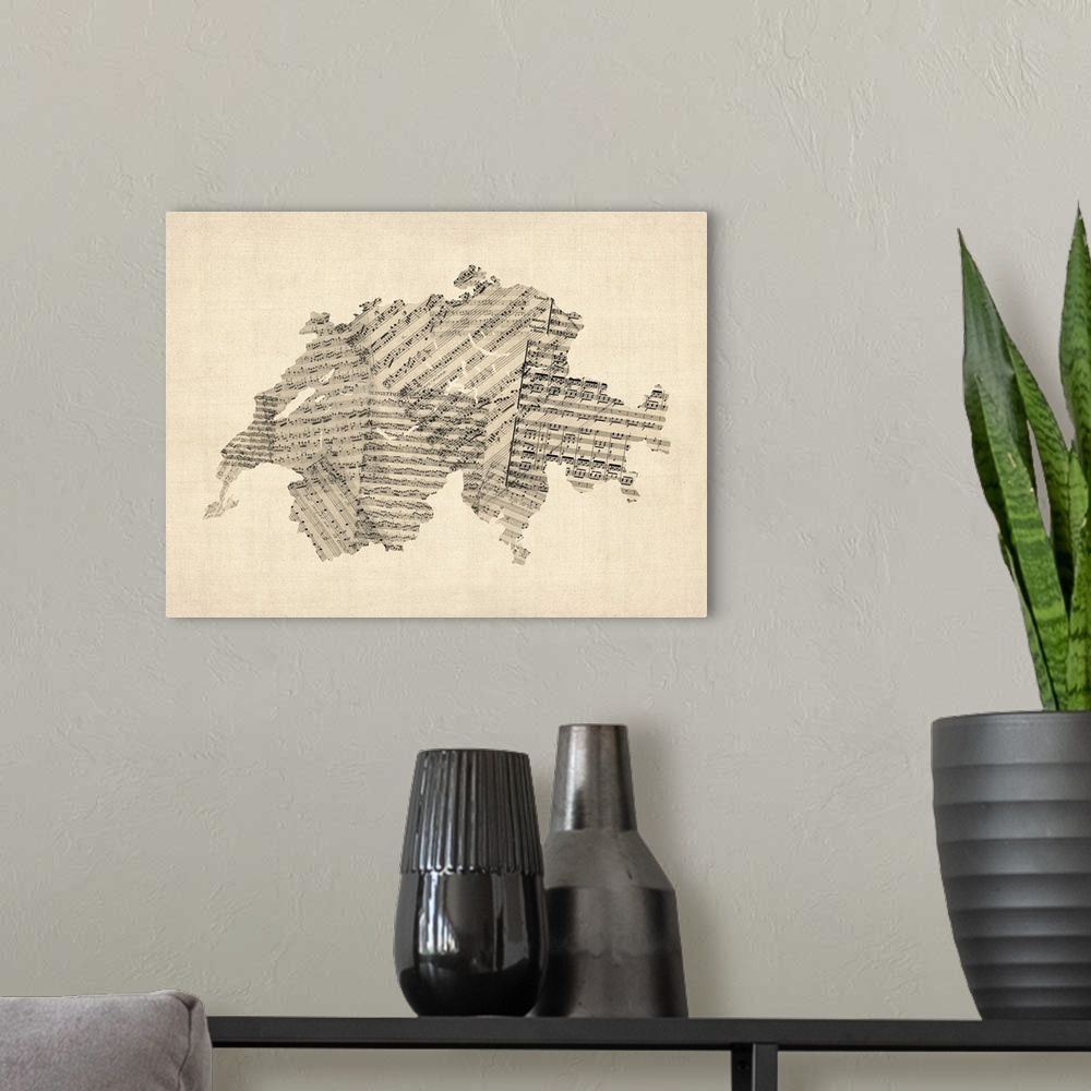 A modern room featuring Contemporary artwork of a country map made of old sheet music.