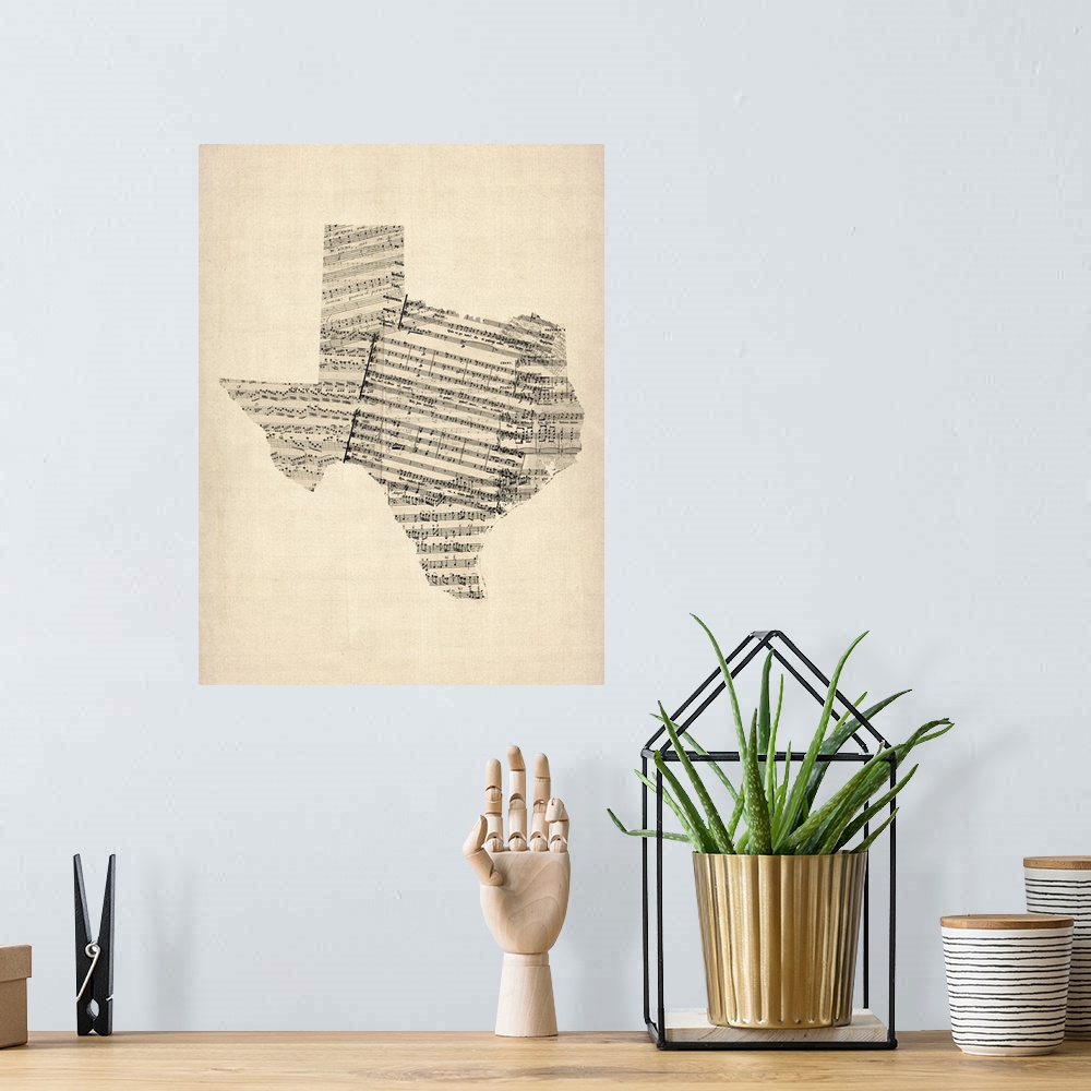 A bohemian room featuring Old Sheet Music Map of Texas
