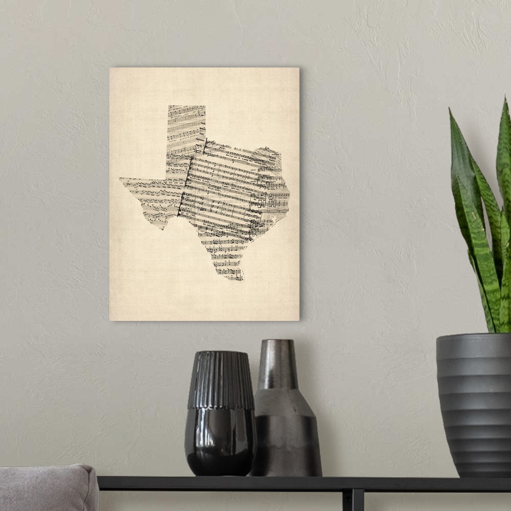 A modern room featuring Old Sheet Music Map of Texas