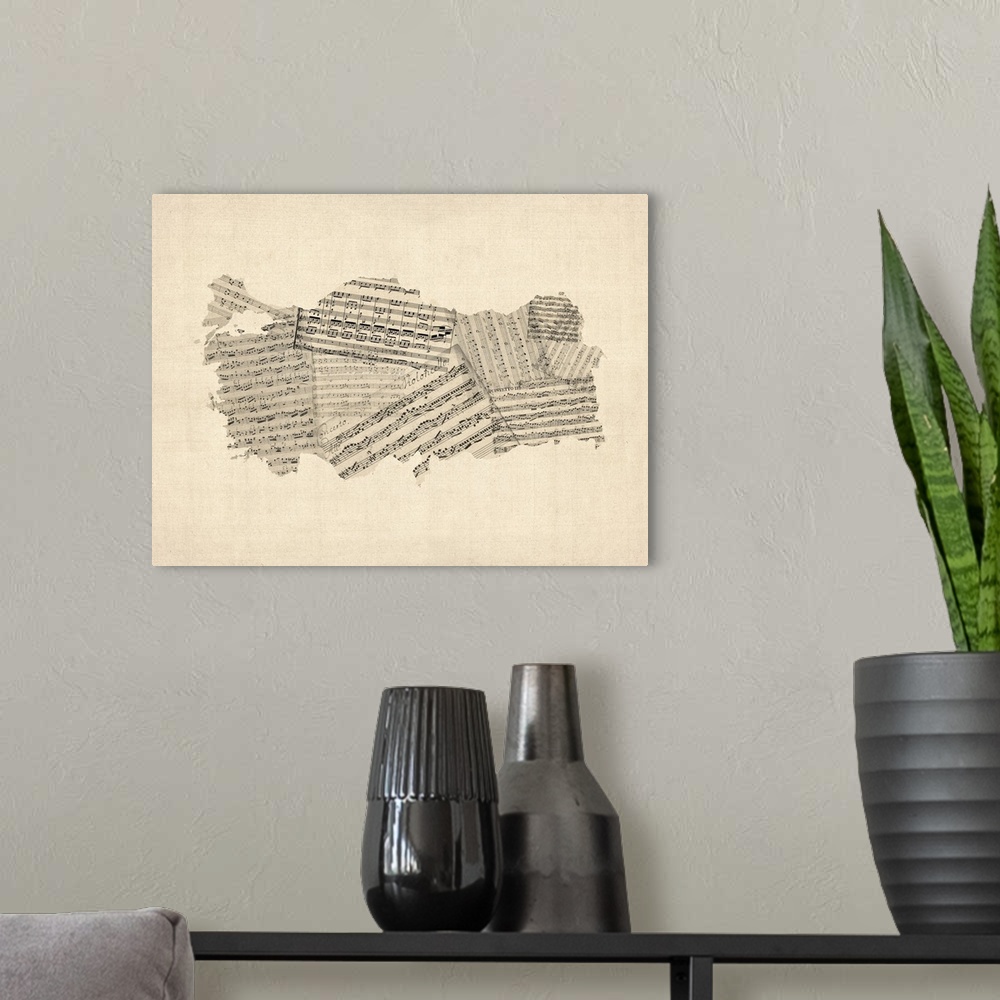 A modern room featuring A map of Turkey made from a collage of old and vintage sheet music on an antique style background.