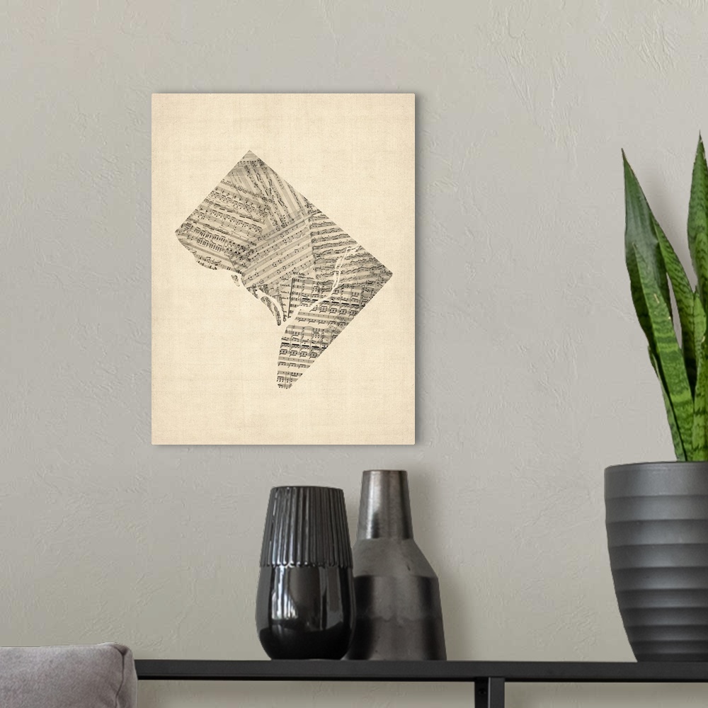 A modern room featuring A map of Washington DC made from a collage of old and vintage sheet music on an antique style bac...