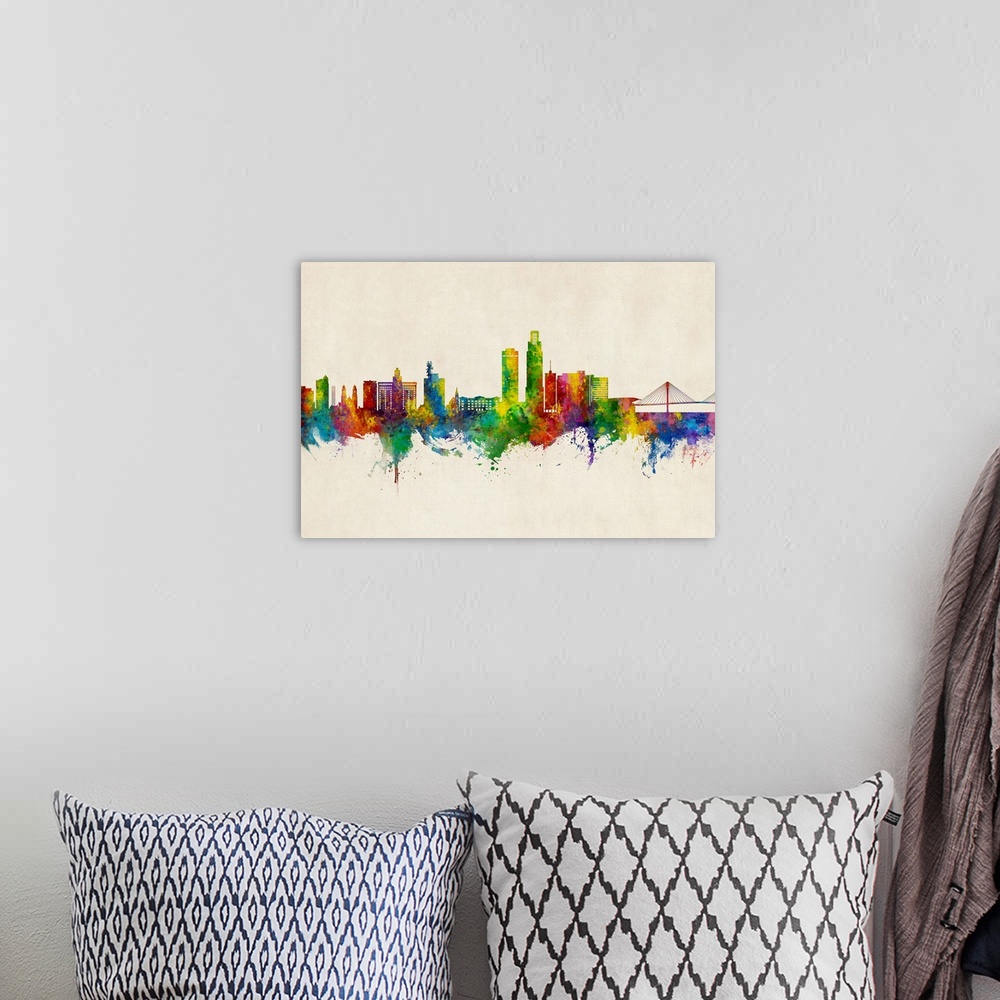 A bohemian room featuring Watercolor art print of the skyline of Omaha, Nebraska