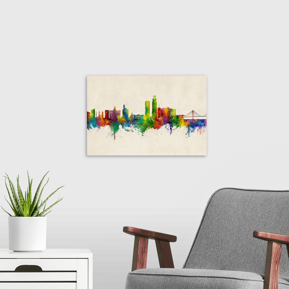 A modern room featuring Watercolor art print of the skyline of Omaha, Nebraska