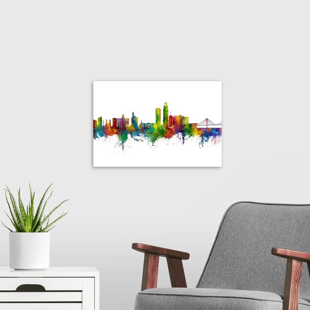 A modern room featuring Watercolor art print of the skyline of Omaha, Nebraska