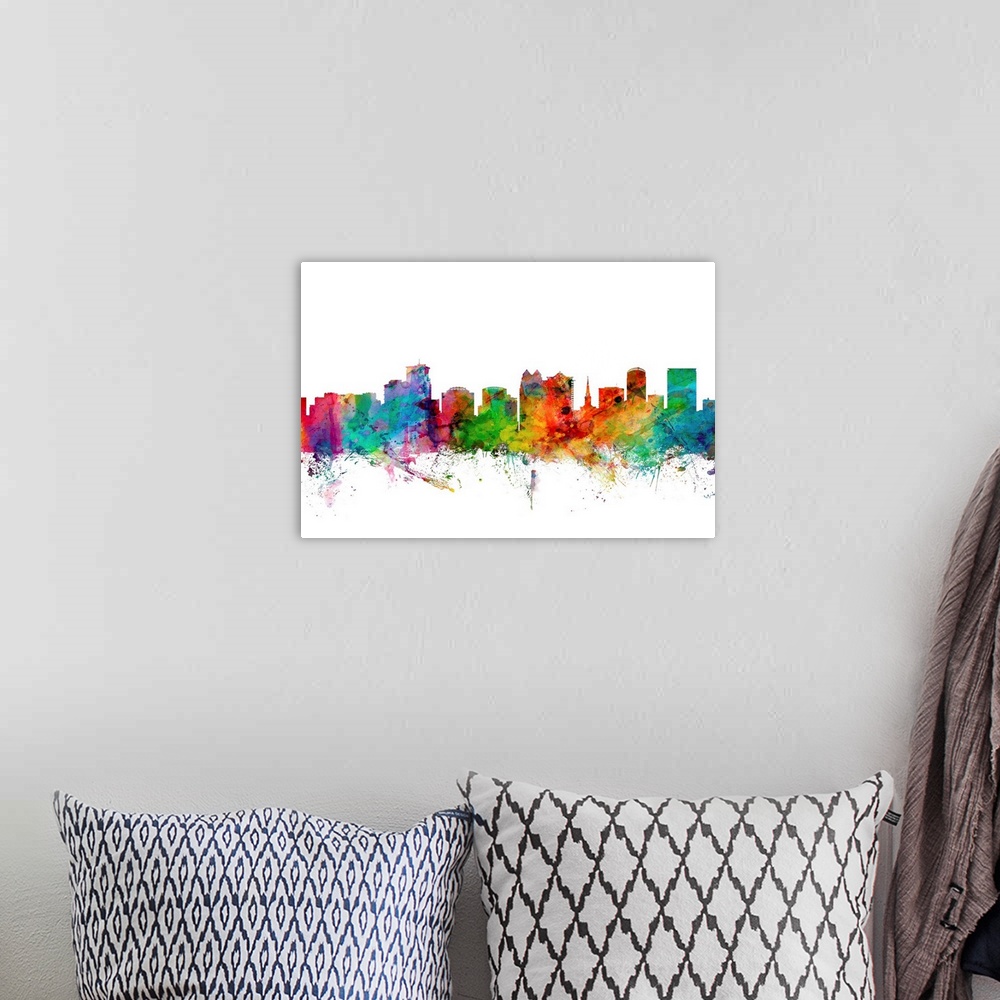 A bohemian room featuring Watercolor artwork of the Orlando skyline against a white background.