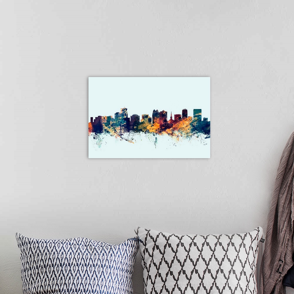 A bohemian room featuring Dark watercolor silhouette of the Orlando city skyline against a light blue background.