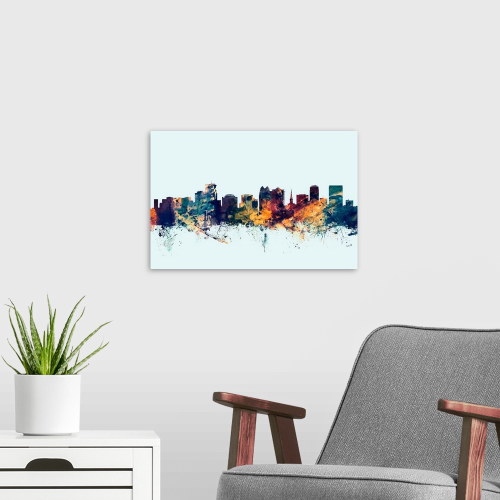 A modern room featuring Dark watercolor silhouette of the Orlando city skyline against a light blue background.