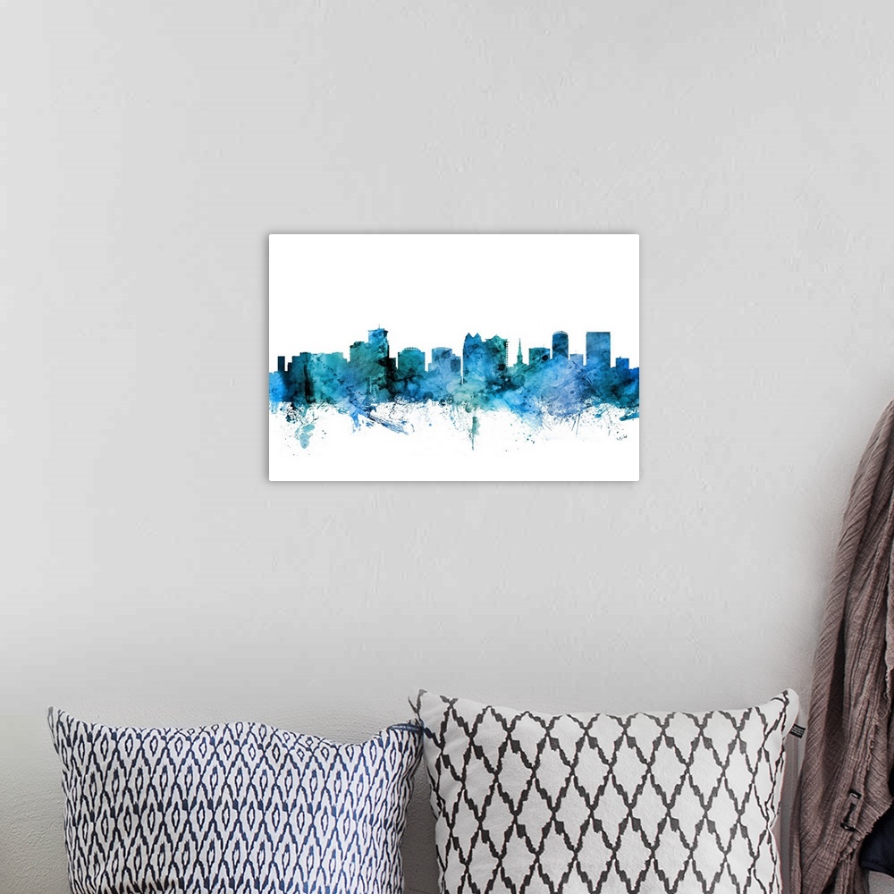 A bohemian room featuring Watercolor art print of the skyline of Orlando, Florida, United States.