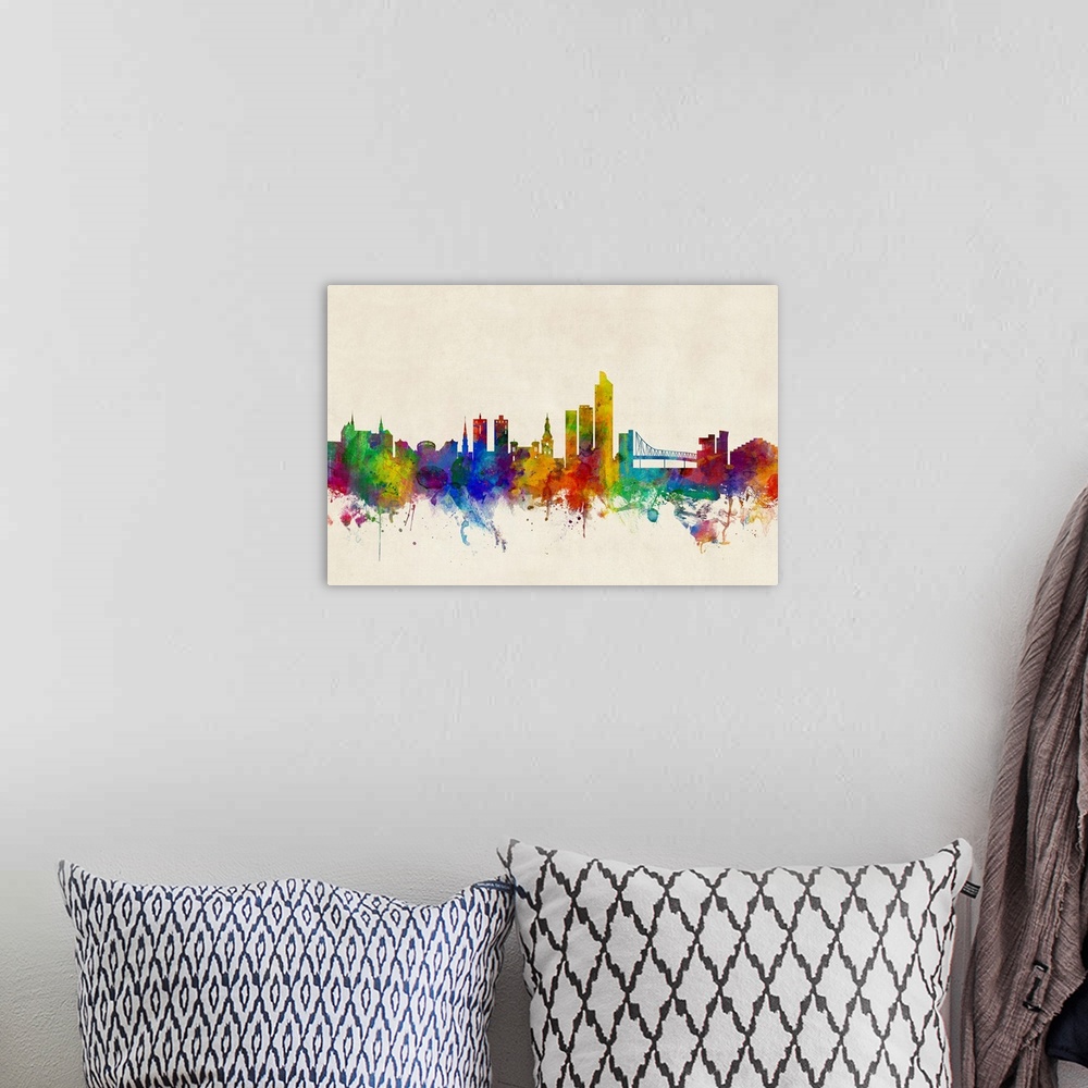 A bohemian room featuring Watercolor art print of the skyline of Oslo, Norway (Norge).