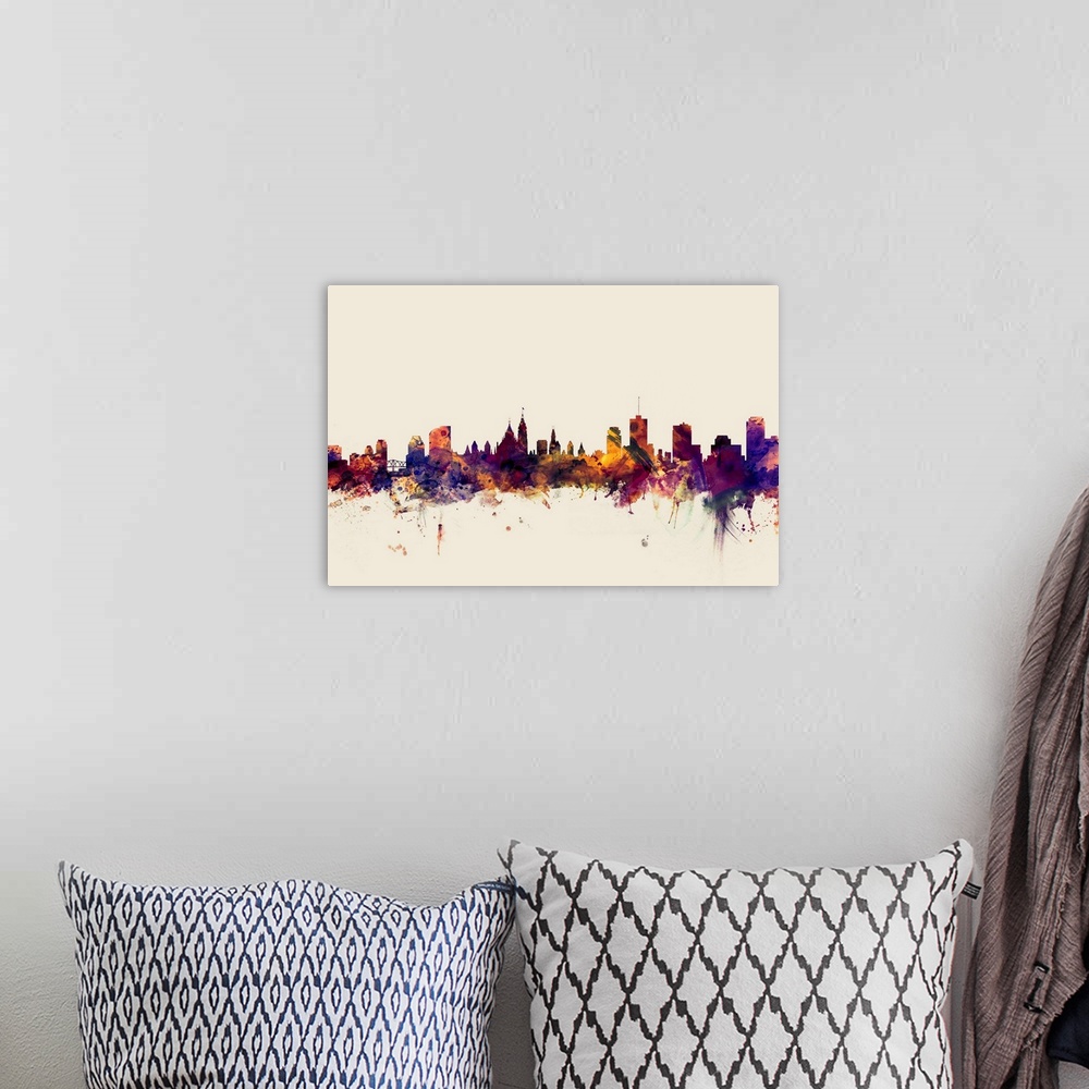 A bohemian room featuring Dark watercolor splattered silhouette of the Ottawa city skyline.