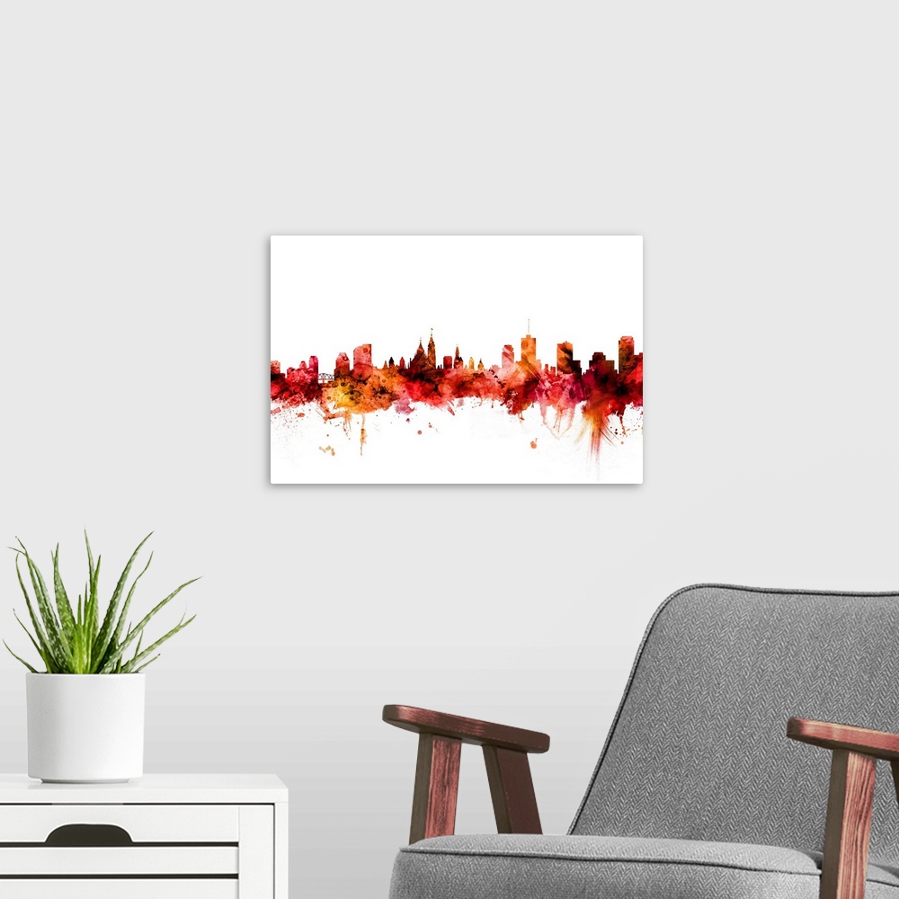 A modern room featuring Watercolor art print of the skyline of Ottawa, Canada.
