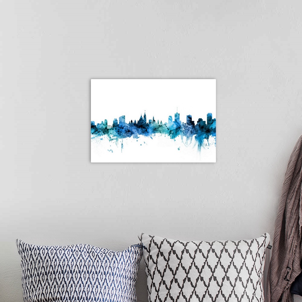 A bohemian room featuring Watercolor art print of the skyline of Ottawa, Canada.