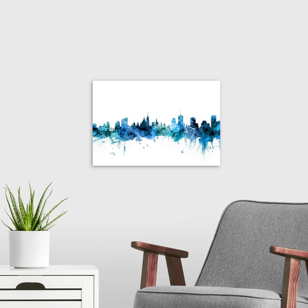 A modern room featuring Watercolor art print of the skyline of Ottawa, Canada.