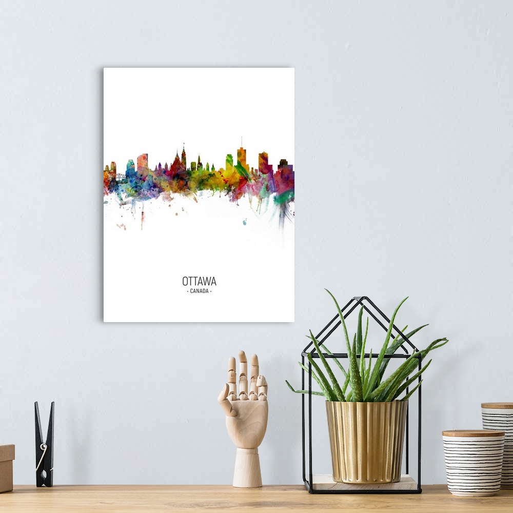 A bohemian room featuring Watercolor art print of the skyline of Ottawa, Canada