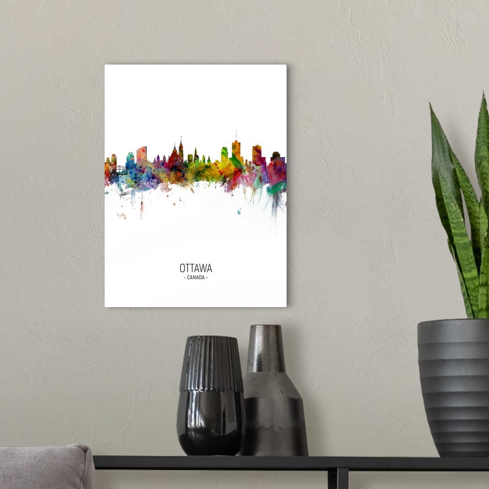 A modern room featuring Watercolor art print of the skyline of Ottawa, Canada