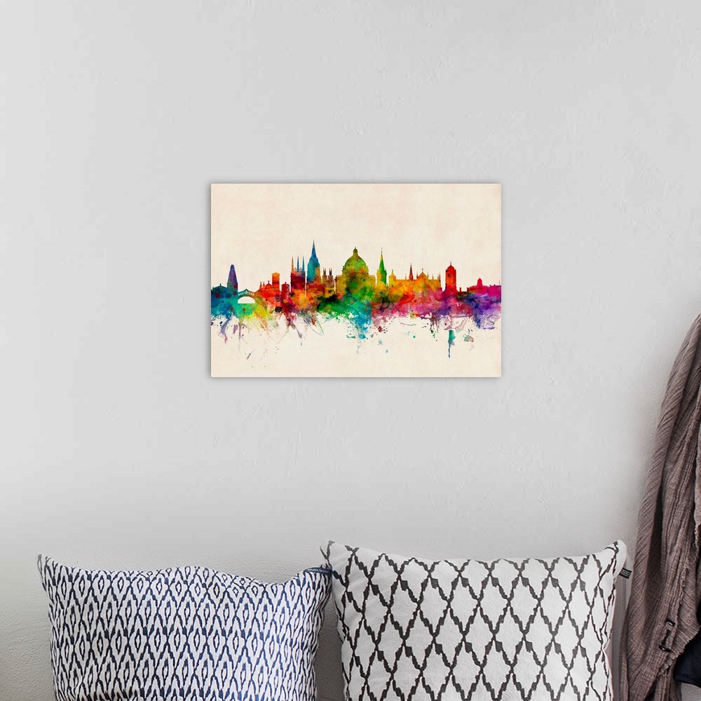 A bohemian room featuring Contemporary piece of artwork of the Oxford, England skyline made of colorful paint splashes.