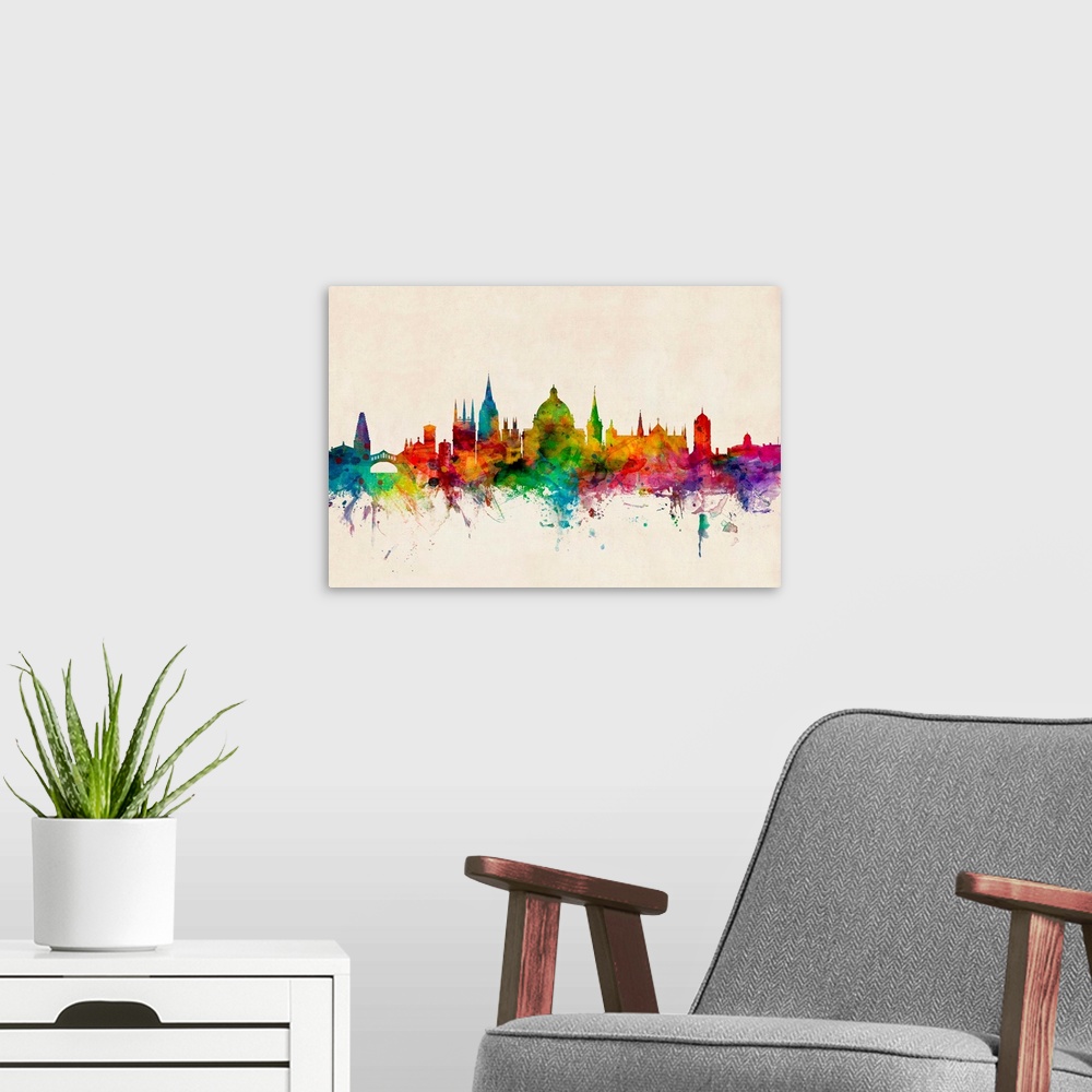 A modern room featuring Contemporary piece of artwork of the Oxford, England skyline made of colorful paint splashes.