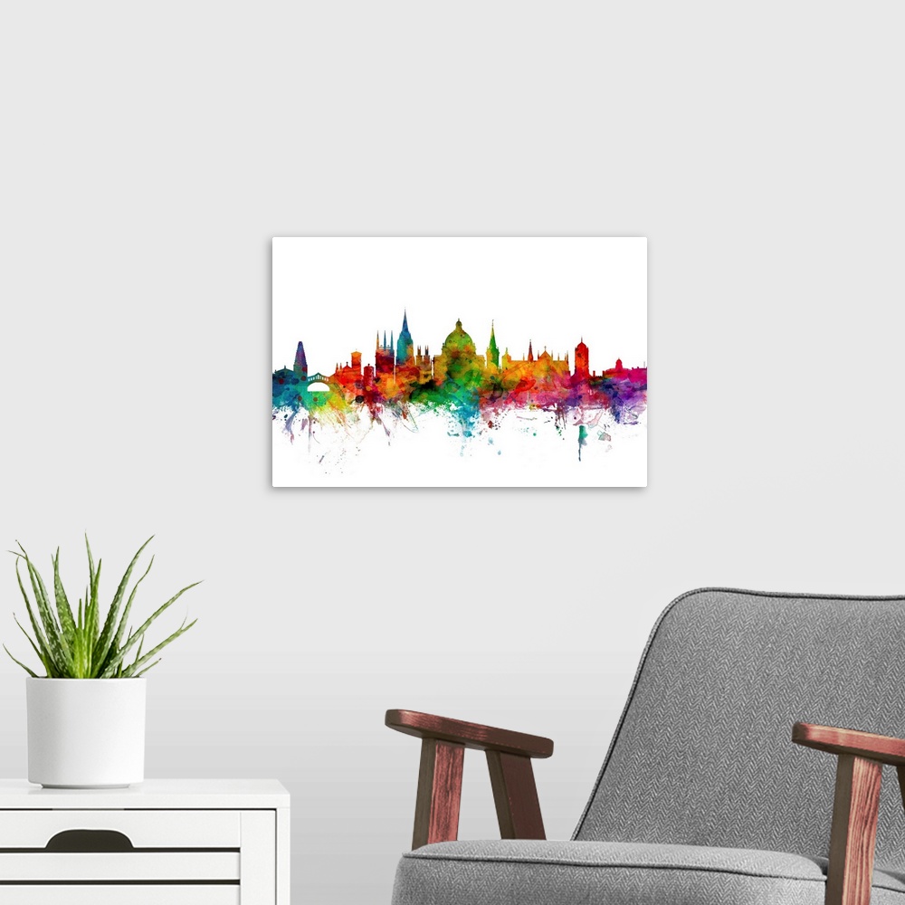 A modern room featuring Contemporary piece of artwork of the Oxford, England skyline made of colorful paint splashes.