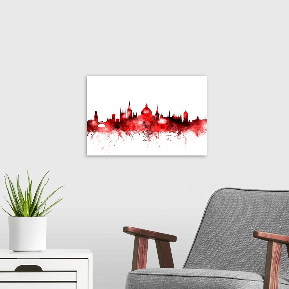 A modern room featuring Vibrant red watercolor silhouette of the Oxford city skyline.