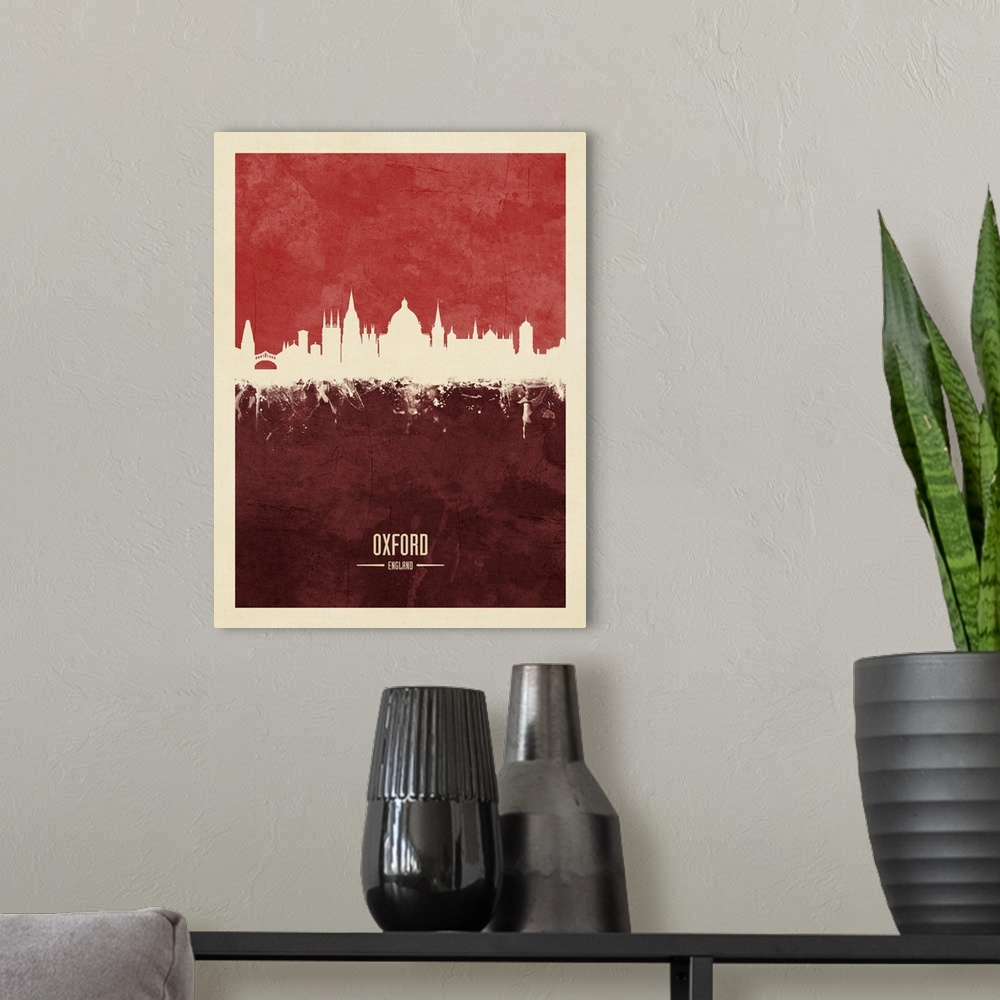 A modern room featuring Watercolor art print of the skyline of Oxford, England, United Kingdom