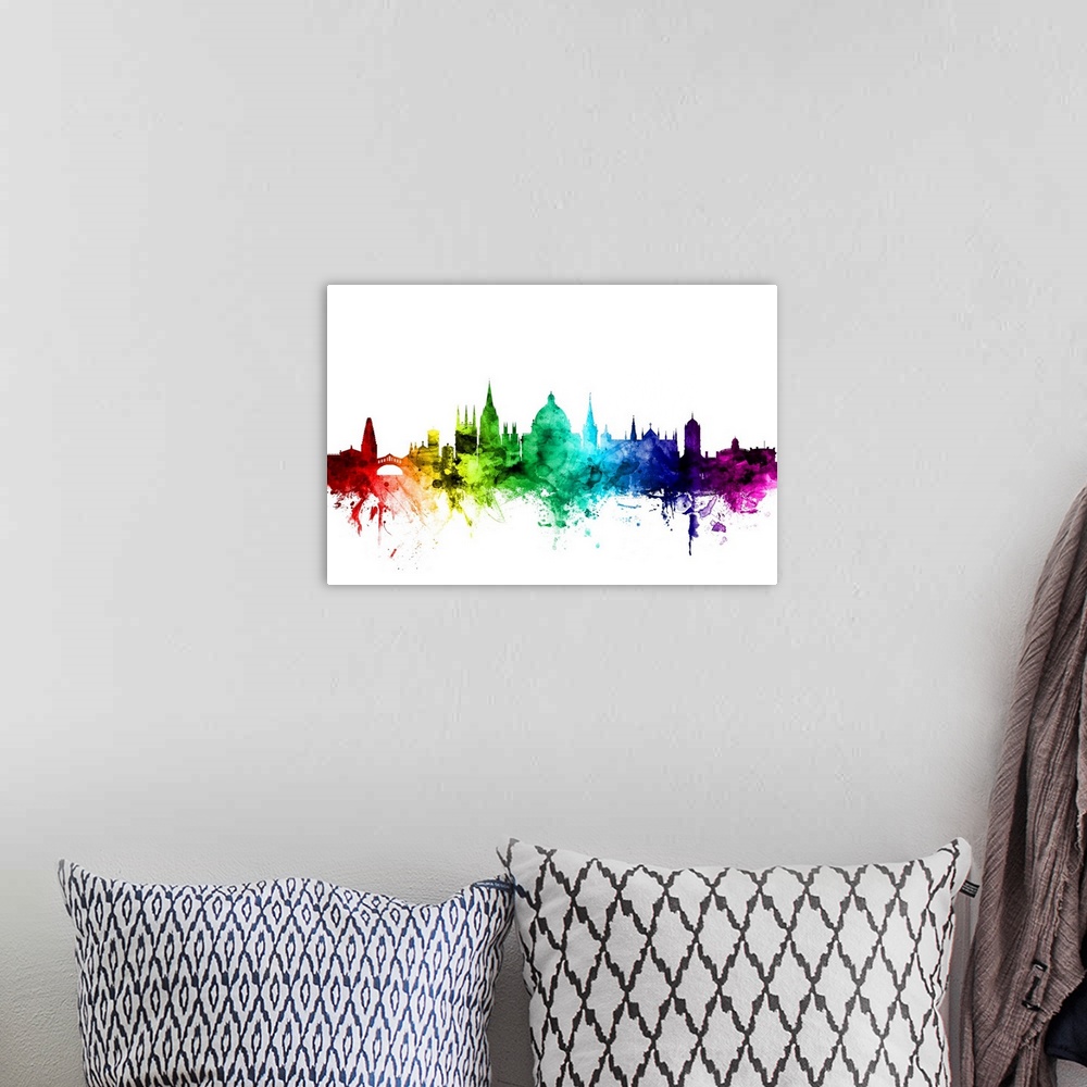 A bohemian room featuring Watercolor art print of the skyline of Oxford, England, United Kingdom.