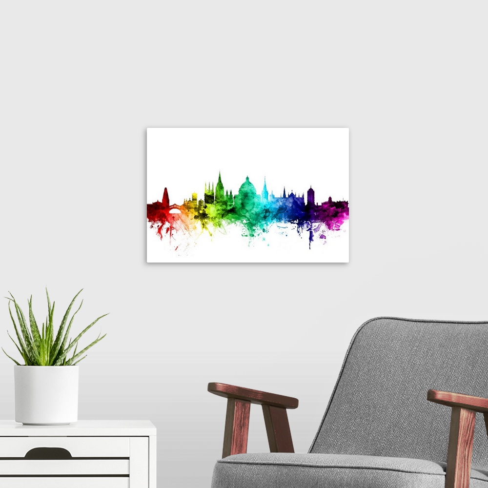 A modern room featuring Watercolor art print of the skyline of Oxford, England, United Kingdom.