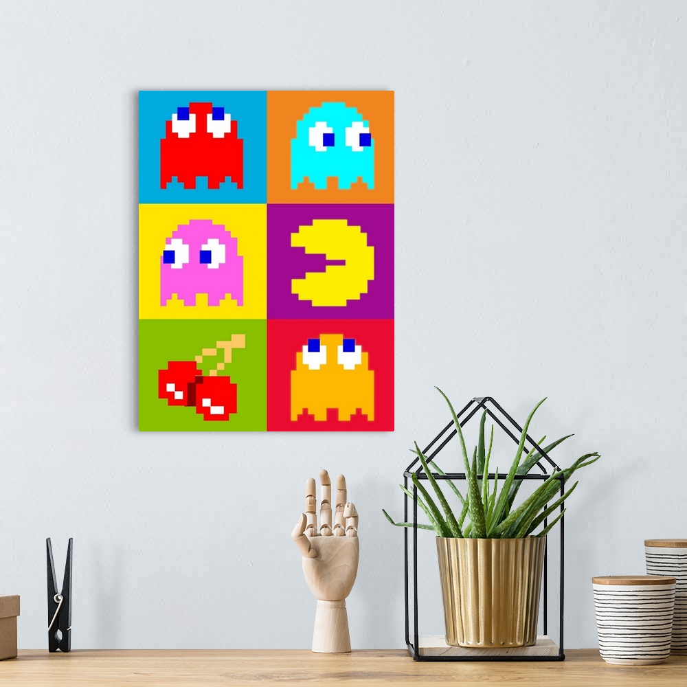 A bohemian room featuring This vertical 8-Bit, pixel artwork shows characters and items from this famous early video game a...