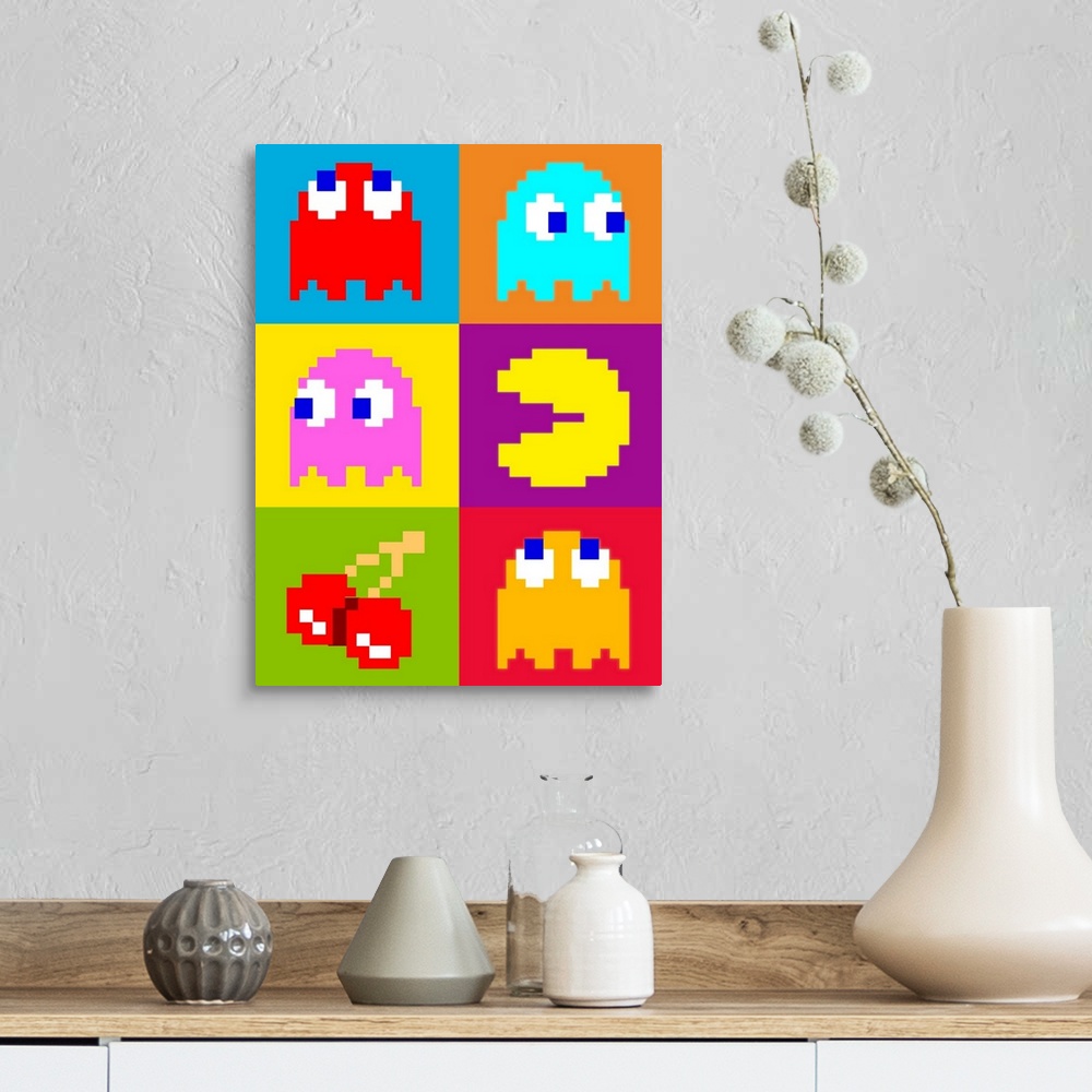 A farmhouse room featuring This vertical 8-Bit, pixel artwork shows characters and items from this famous early video game a...