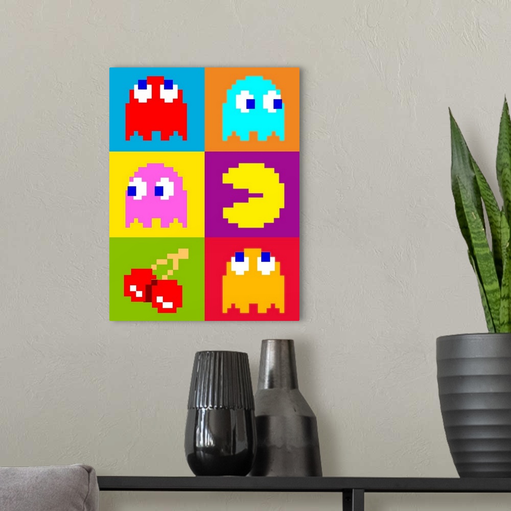 A modern room featuring This vertical 8-Bit, pixel artwork shows characters and items from this famous early video game a...
