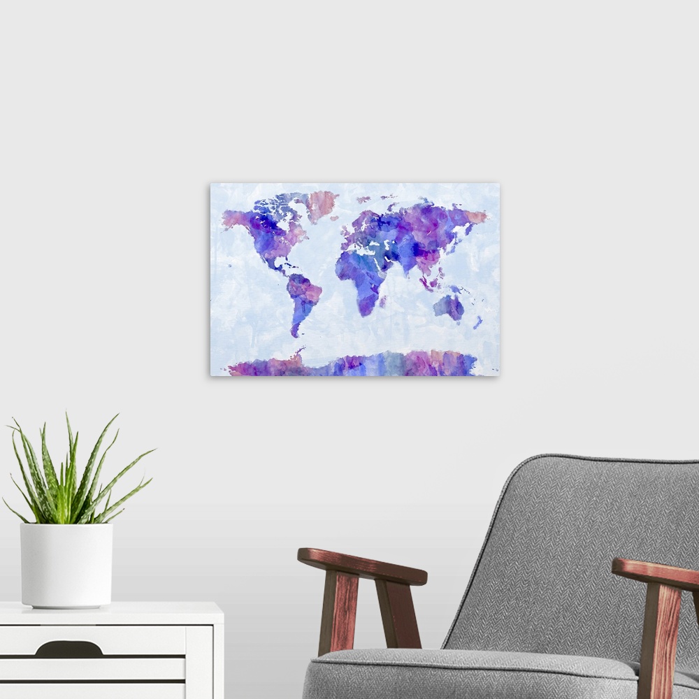 A modern room featuring Paint map of the world - purple