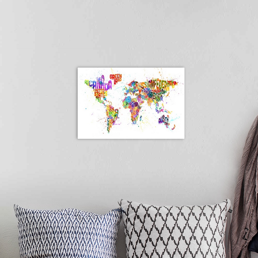 A bohemian room featuring Paint Splashes Text Map of the World