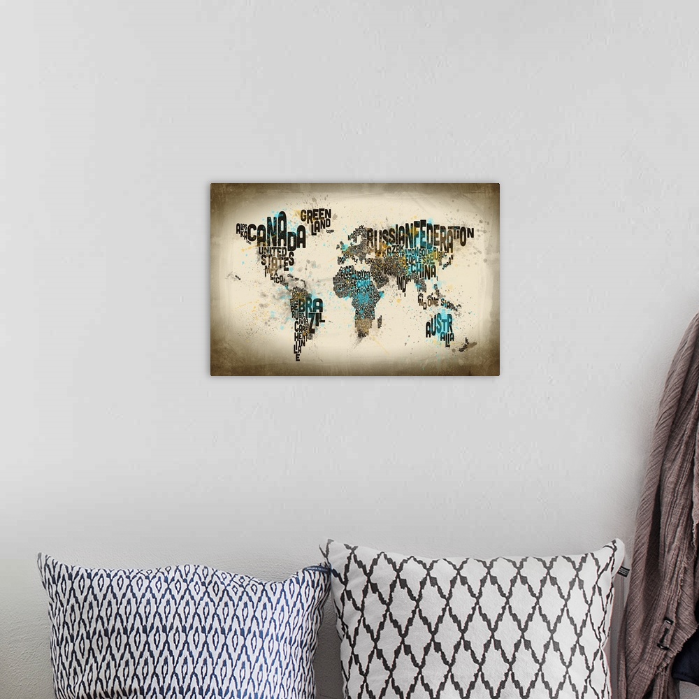 A bohemian room featuring Contemporary piece of artwork of a world map made up of the different country names.
