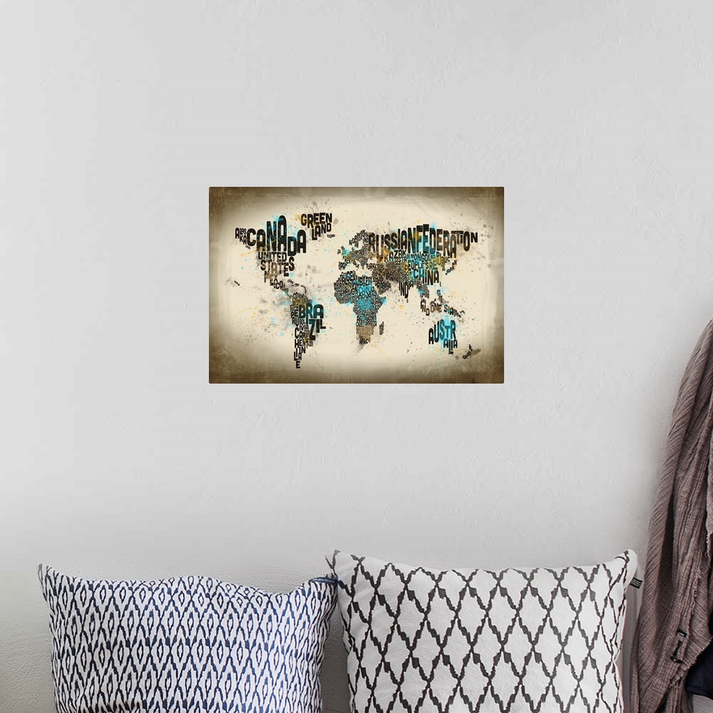 A bohemian room featuring Contemporary piece of artwork of a world map made up of the different country names.