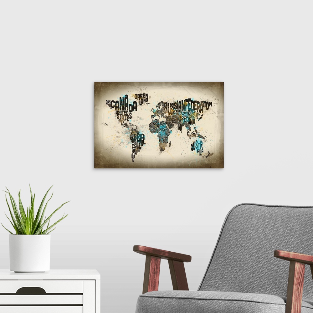 A modern room featuring Contemporary piece of artwork of a world map made up of the different country names.